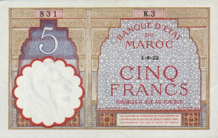 Front of Morocco p23Aa: 5 Francs from 1922