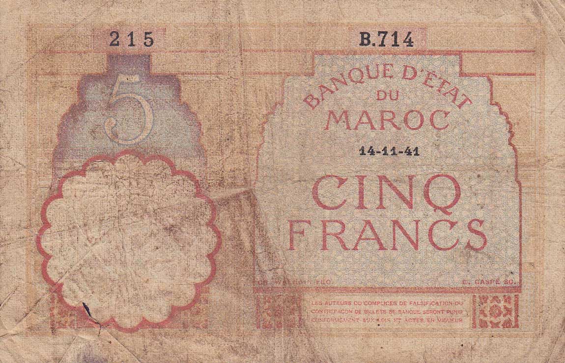 Front of Morocco p23Ab: 5 Francs from 1941