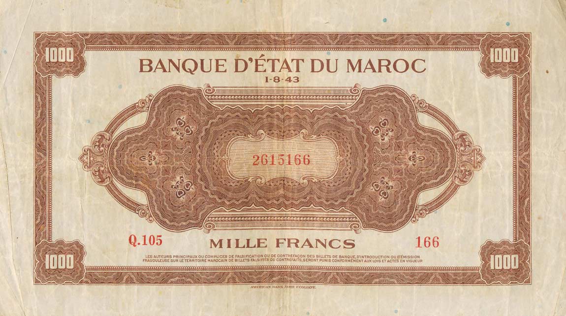 Back of Morocco p28a: 1000 Francs from 1943
