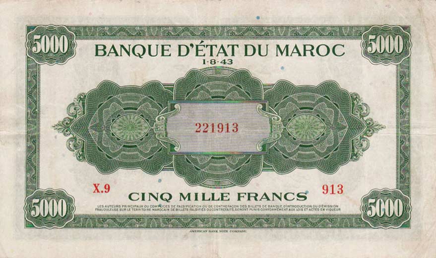 Back of Morocco p32a: 5000 Francs from 1943