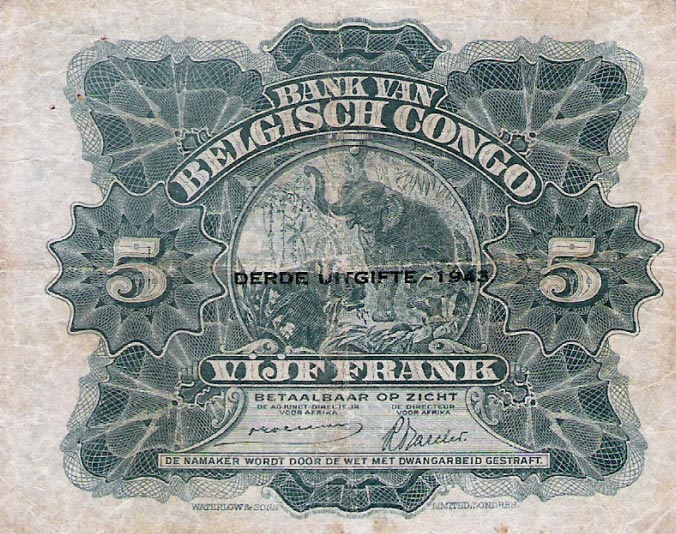 Back of Belgian Congo p13Aa: 5 Francs from 1943