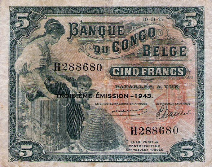 Front of Belgian Congo p13Aa: 5 Francs from 1943