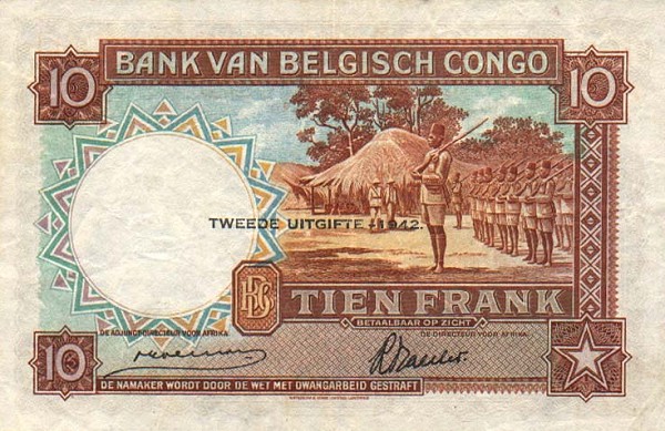 Back of Belgian Congo p14Ba: 10 Francs from 1942