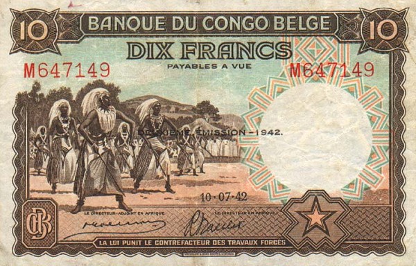 Front of Belgian Congo p14Ba: 10 Francs from 1942