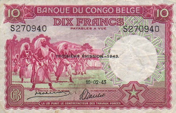 Front of Belgian Congo p14C: 10 Francs from 1943