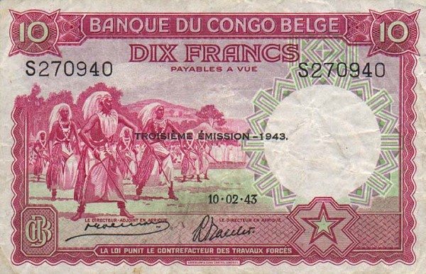 Front of Belgian Congo p14C: 10 Francs from 1943
