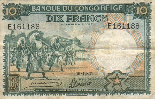 Front of Belgian Congo p14: 10 Francs from 1941