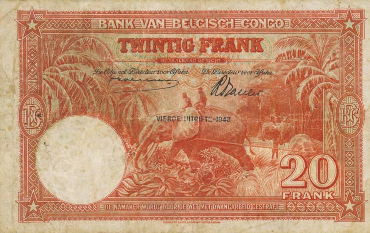 Back of Belgian Congo p15C: 20 Francs from 1943