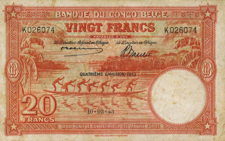 Front of Belgian Congo p15C: 20 Francs from 1943