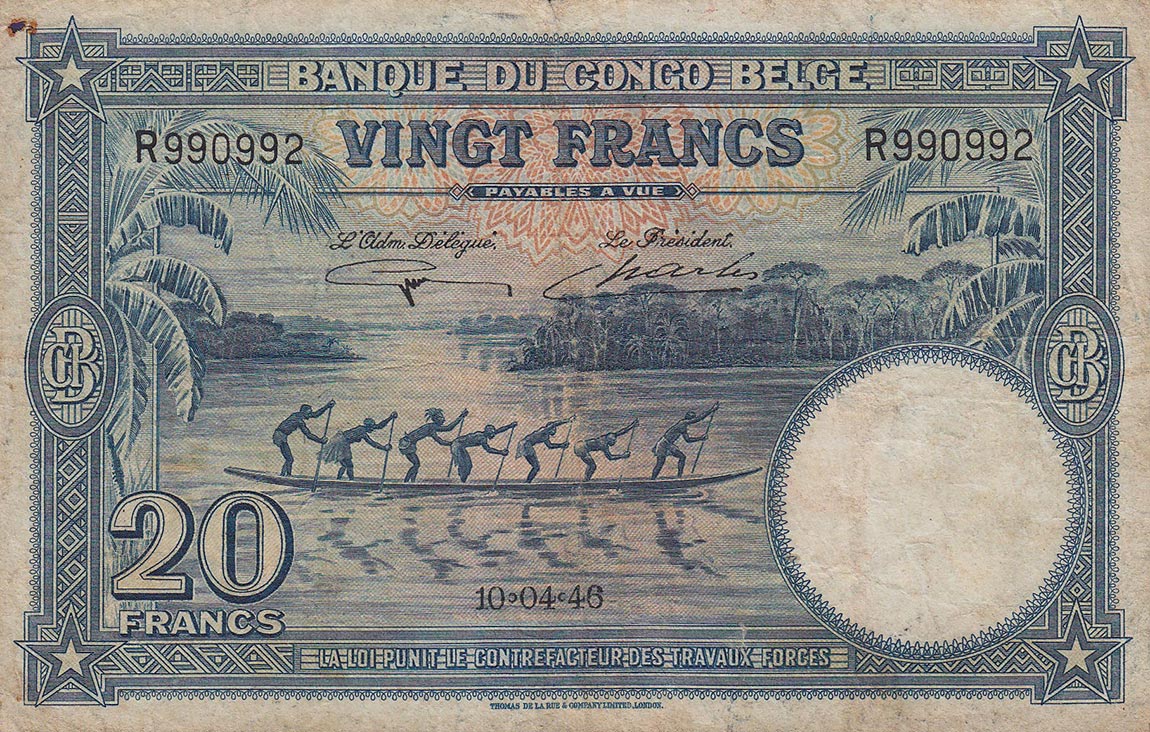 Front of Belgian Congo p15Ea: 20 Francs from 1946
