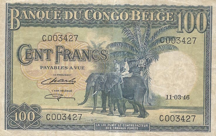 Front of Belgian Congo p17c: 100 Francs from 1946