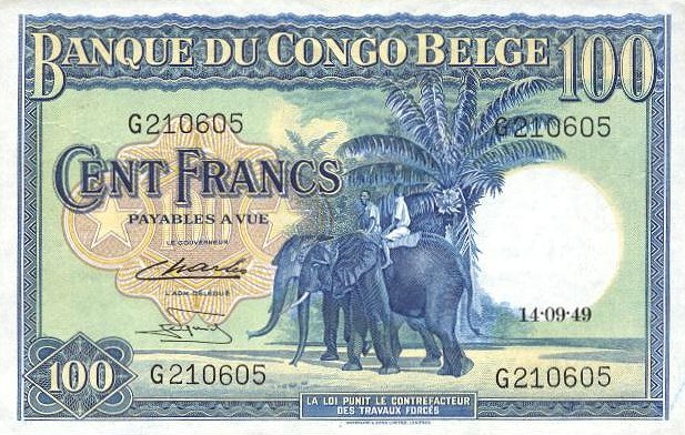 Front of Belgian Congo p17d: 100 Francs from 1949
