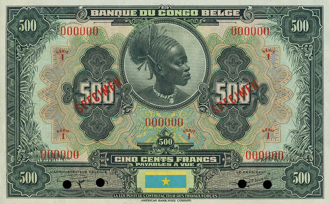 Front of Belgian Congo p18s: 500 Francs from 1929