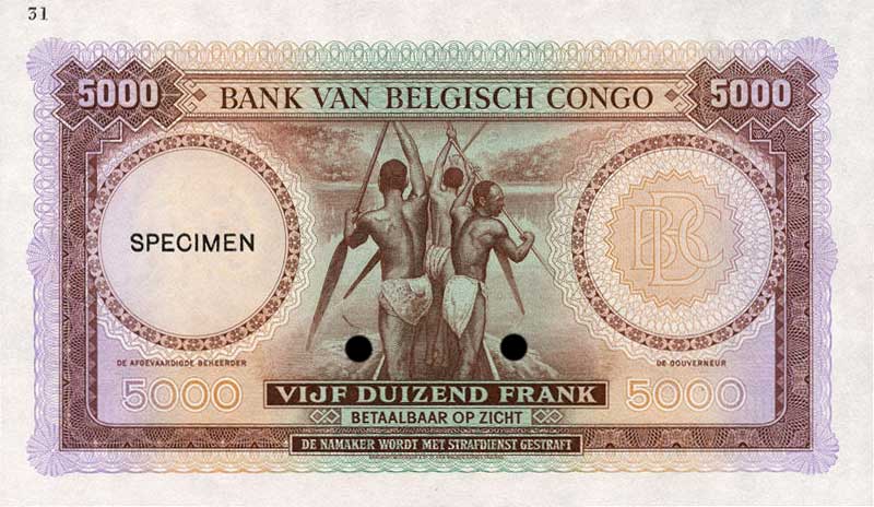 Back of Belgian Congo p19As: 5000 Francs from 1950