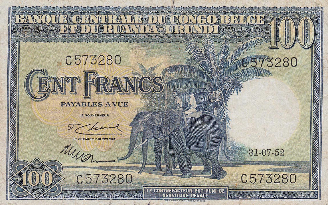 Front of Belgian Congo p25a: 100 Francs from 1952