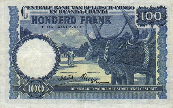 Back of Belgian Congo p25b: 100 Francs from 1954