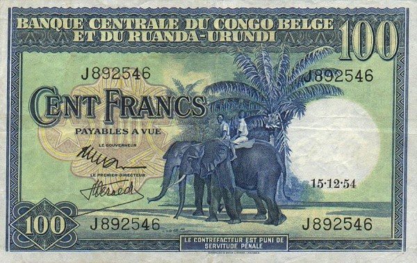 Front of Belgian Congo p25b: 100 Francs from 1954