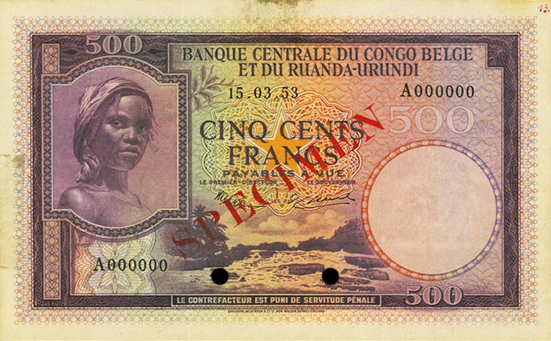 Front of Belgian Congo p28s: 500 Francs from 1953