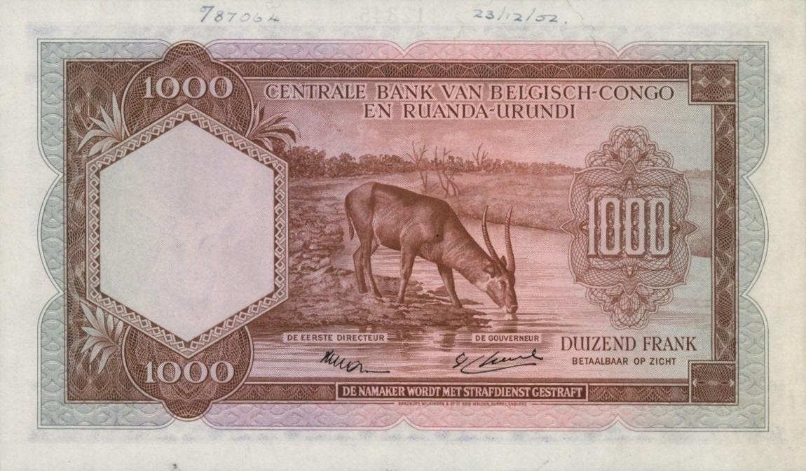 Back of Belgian Congo p29s: 1000 Francs from 1953