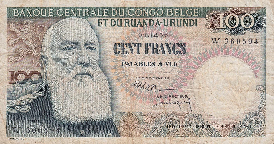Front of Belgian Congo p33b: 100 Francs from 1956