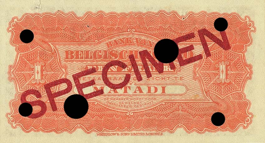 Back of Belgian Congo p3Bs: 1 Franc from 1914