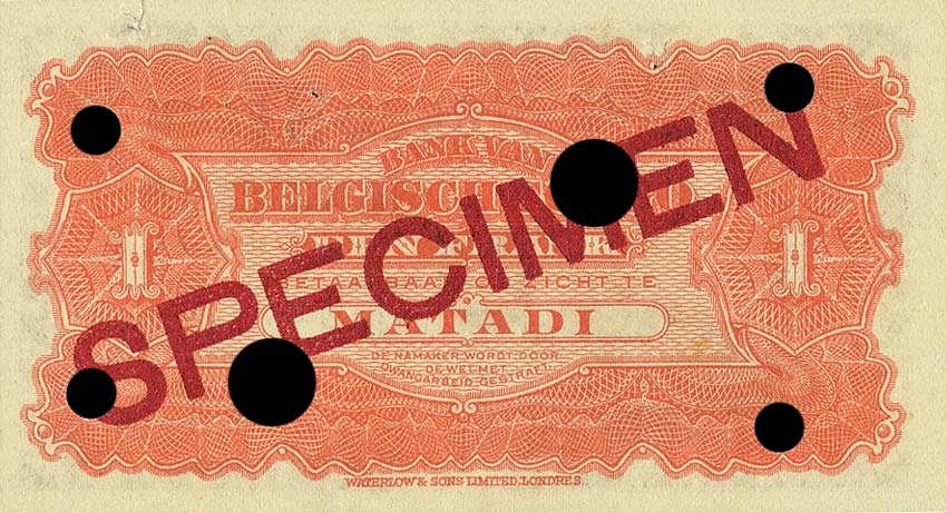 Back of Belgian Congo p3Bs: 1 Franc from 1914