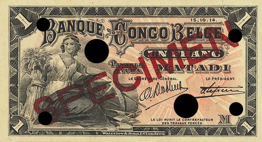 Front of Belgian Congo p3Bs: 1 Franc from 1914