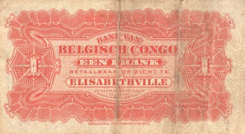 Back of Belgian Congo p3: 1 Franc from 1914