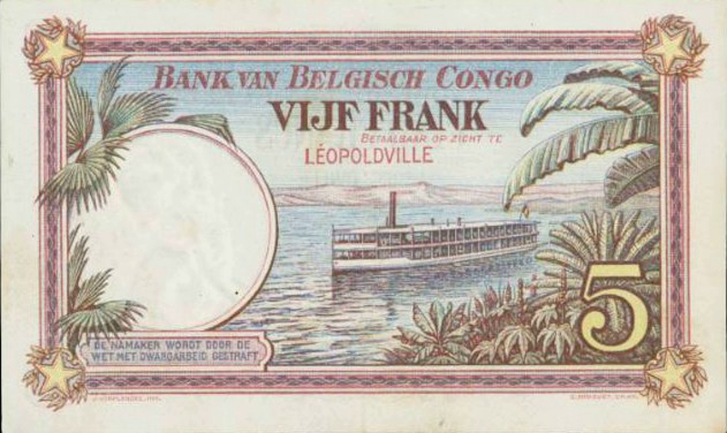 Back of Belgian Congo p8b: 5 Francs from 1924