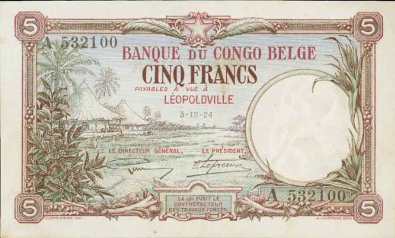 Front of Belgian Congo p8b: 5 Francs from 1924
