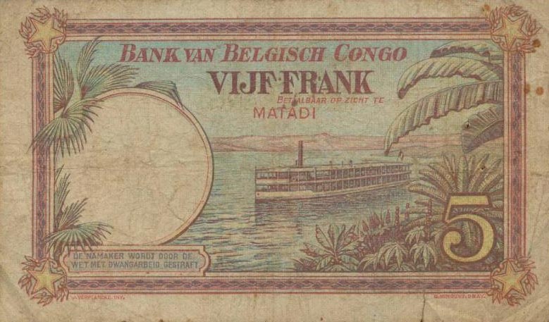 Back of Belgian Congo p8c: 5 Francs from 1924