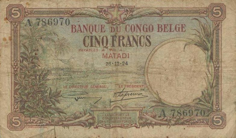 Front of Belgian Congo p8c: 5 Francs from 1924