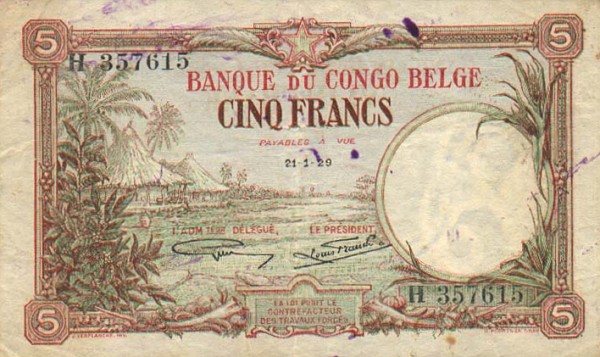 Front of Belgian Congo p8e: 5 Francs from 1929