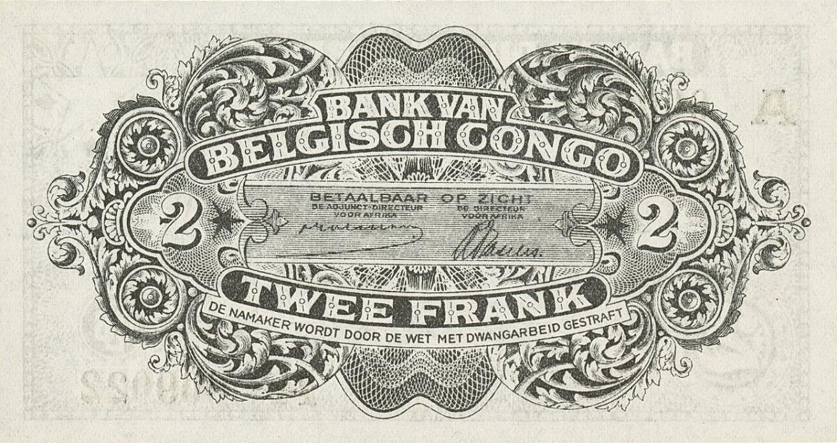 Back of Belgian Congo p12A: 2 Francs from 1942