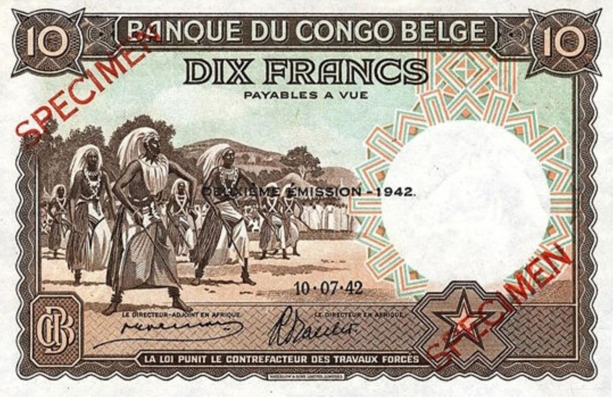 Front of Belgian Congo p14Bs: 10 Francs from 1942