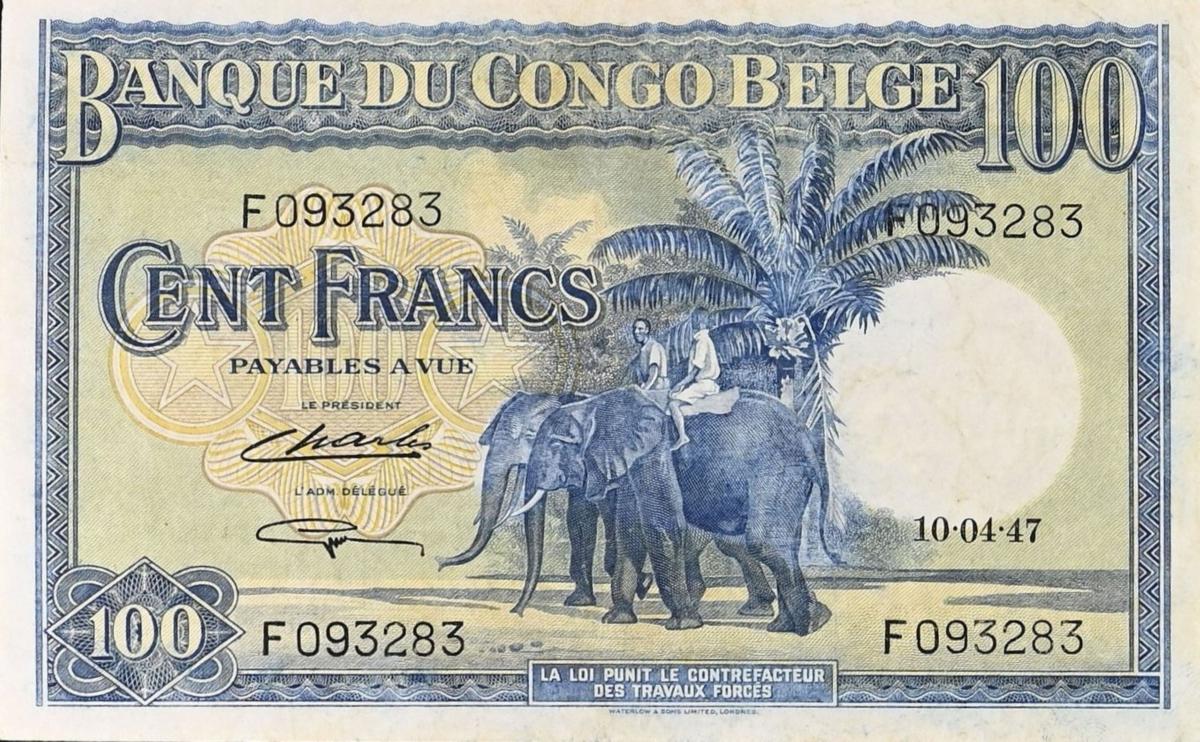 Front of Belgian Congo p17c: 100 Francs from 1946