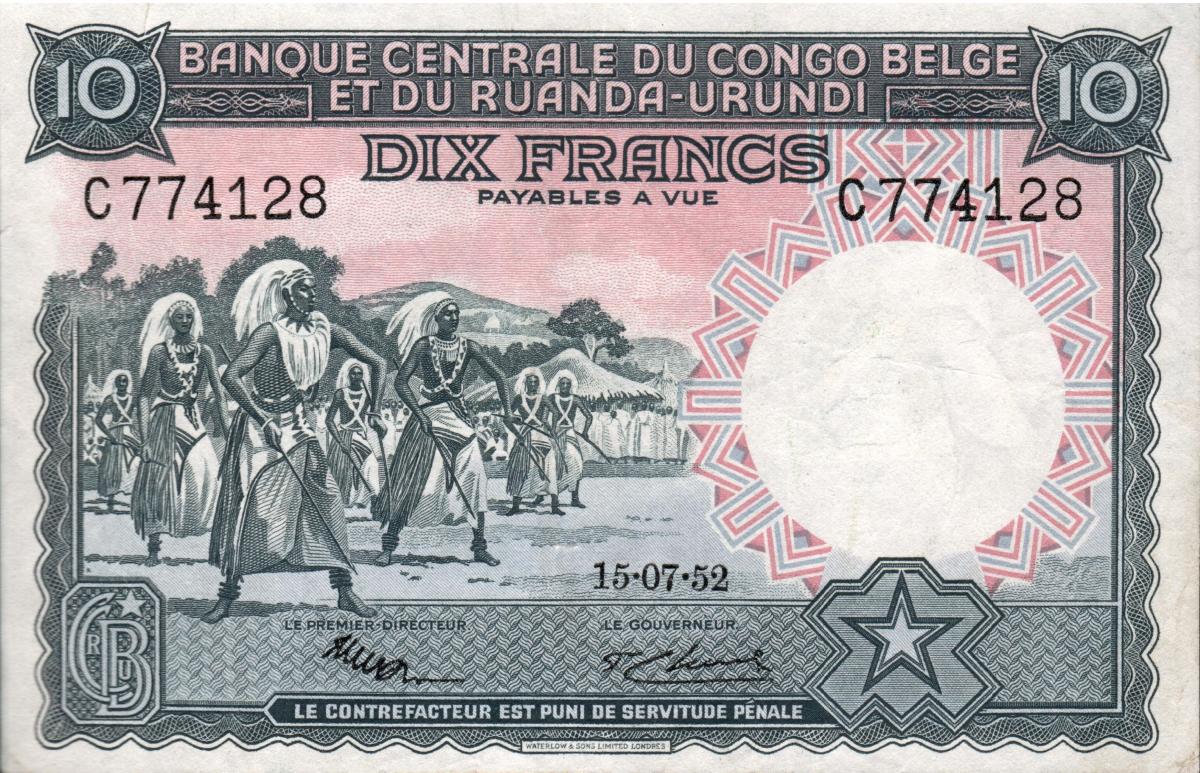 Front of Belgian Congo p22: 10 Francs from 1952