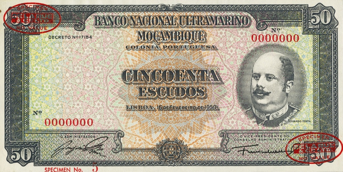 Front of Mozambique p102s: 50 Escudos from 1950