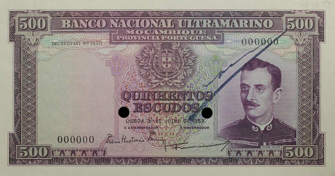Front of Mozambique p104s: 500 Escudos from 1953