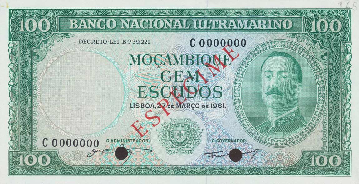 Front of Mozambique p109s: 100 Escudos from 1961