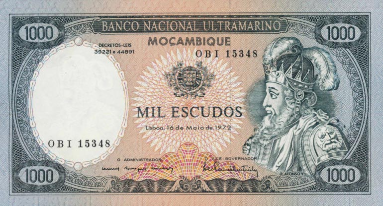 Front of Mozambique p112b: 1000 Escudos from 1972