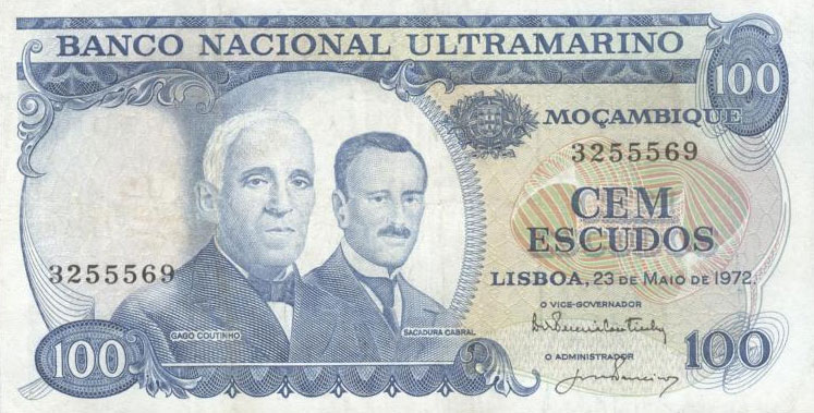 Front of Mozambique p113a: 100 Escudos from 1972