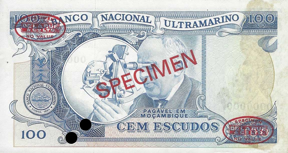 Back of Mozambique p113s: 100 Escudos from 1972