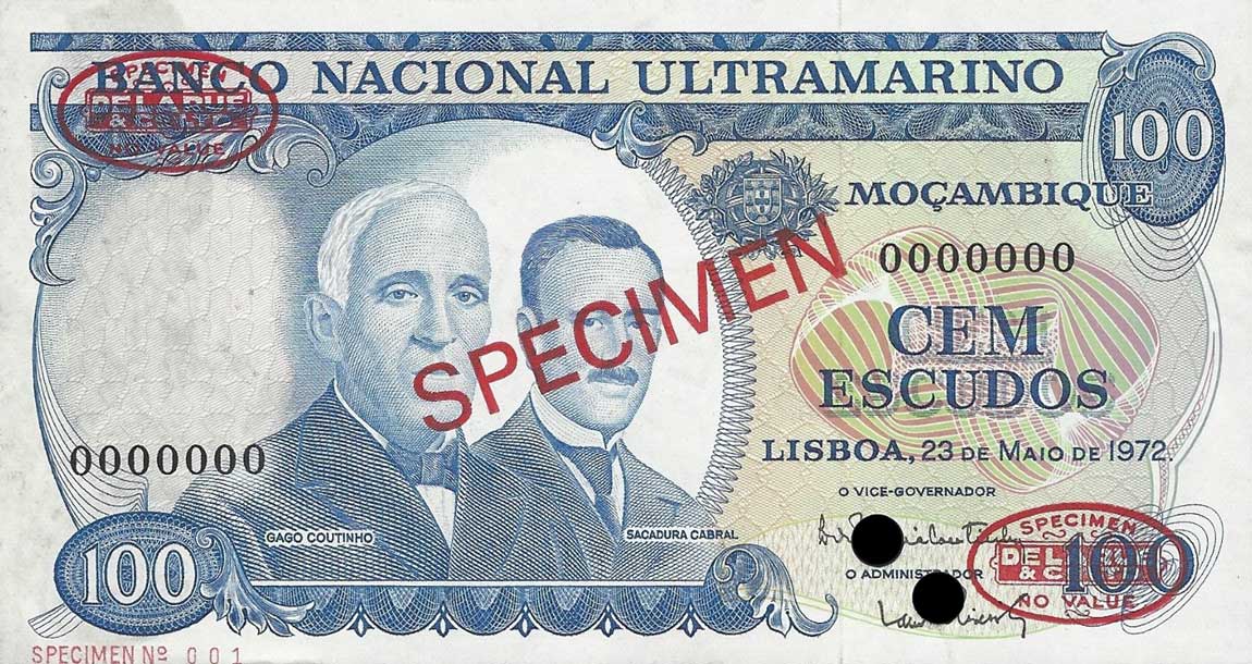 Front of Mozambique p113s: 100 Escudos from 1972