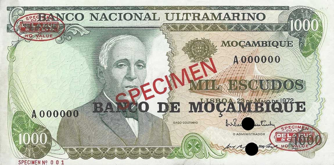 Front of Mozambique p119s: 1000 Escudos from 1976