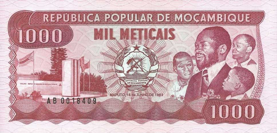 Front of Mozambique p132a: 1000 Meticas from 1983