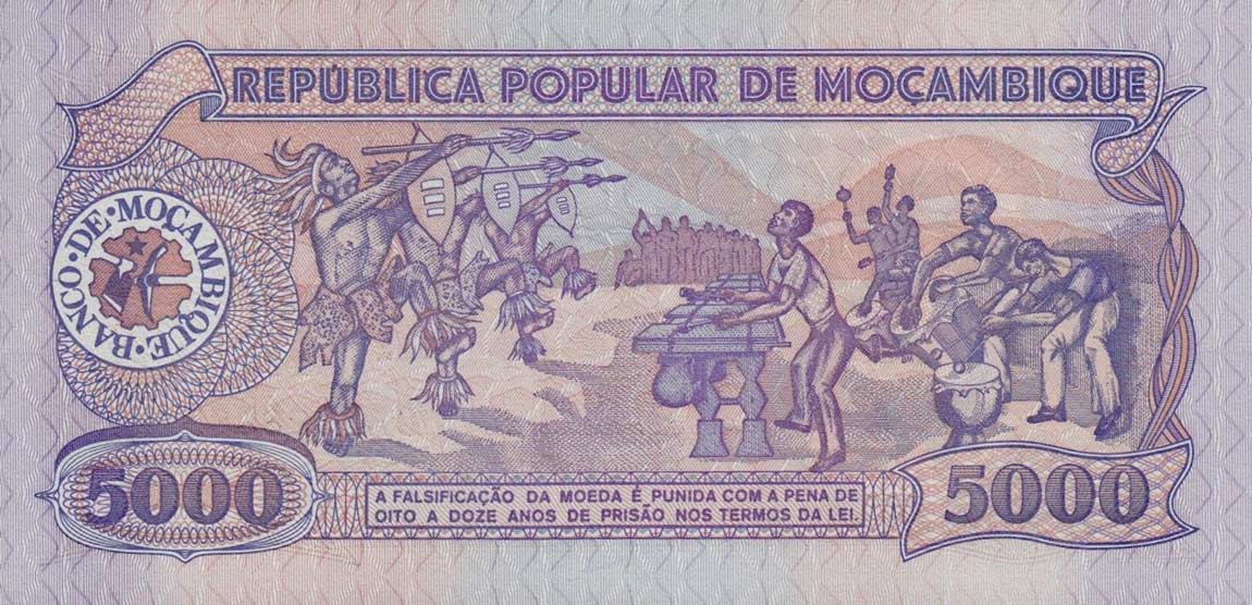 Back of Mozambique p133b: 5000 Meticas from 1989