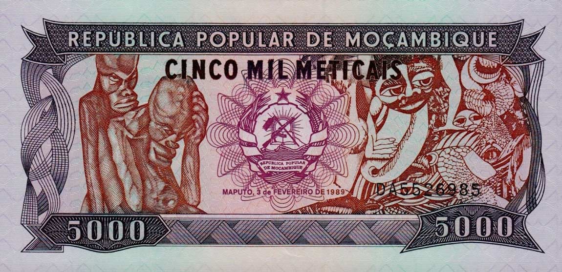 Front of Mozambique p133b: 5000 Meticas from 1989