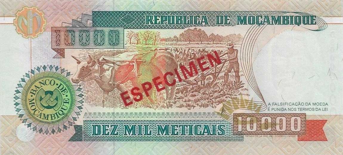 Back of Mozambique p137s: 10000 Meticas from 1991