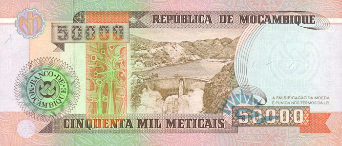 Back of Mozambique p138: 50000 Meticas from 1993